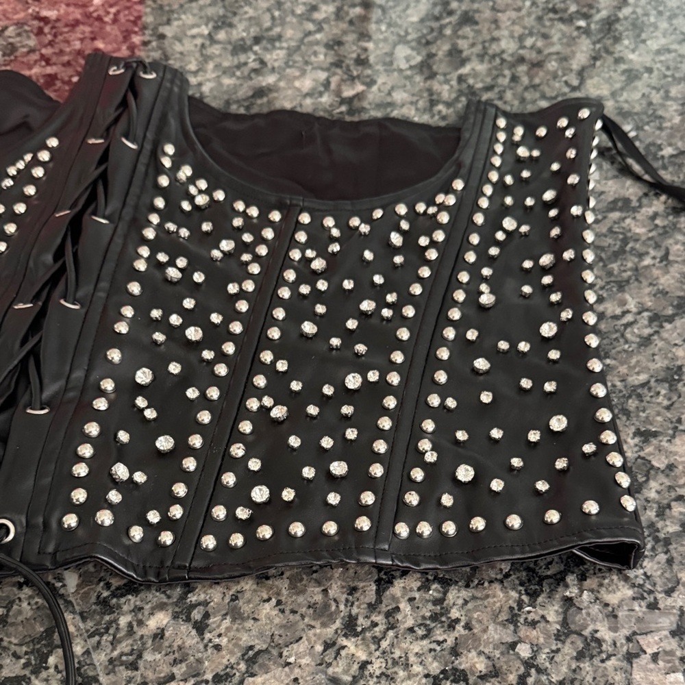 Black faux leather silver Studded Corset Top - Picture 2 of 8